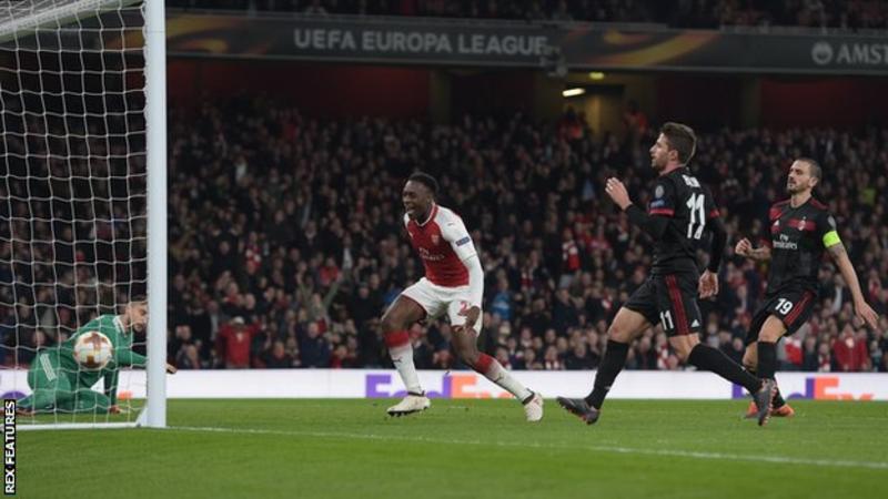 Danny Welbeck scored twice on the day he was recalled to the England squad as Arsenal beat AC Milan to reach the quarter-finals of the Europa League. bbc