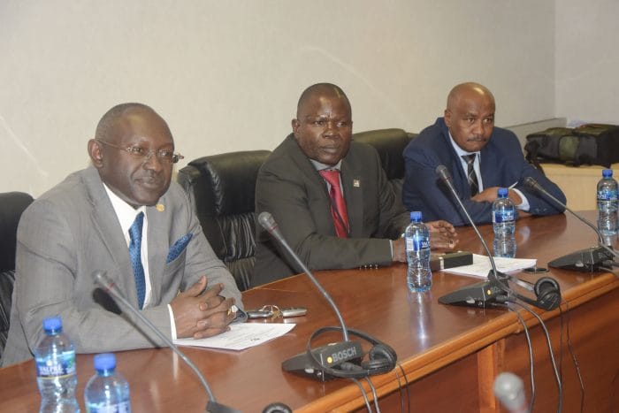 Left to Right the Clerk to the Pan African Parliament Yusupha Jobe Hon. Clement Ongalo Obote and the Head of e1557779282622